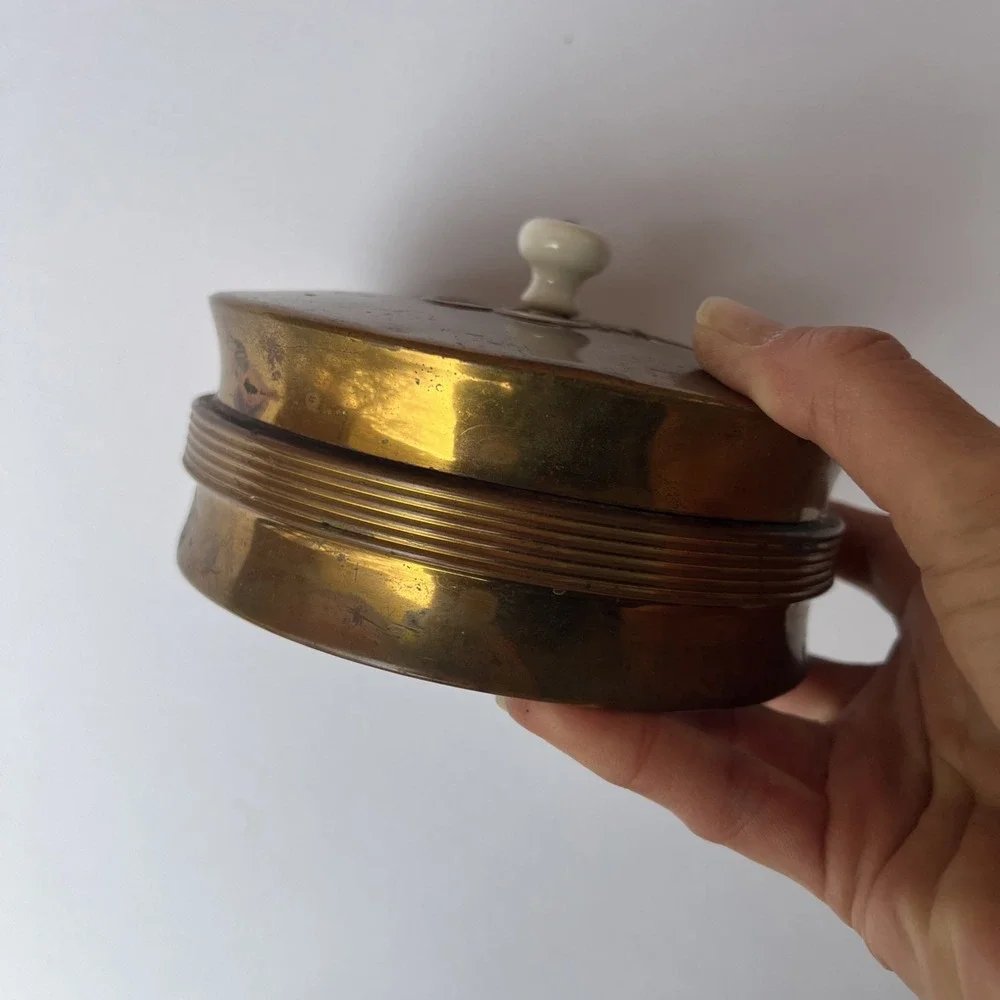 VTG Brass Powder Jar Heart Enamel Lid Glass Insert Vanity Trinket Box Glass Knob